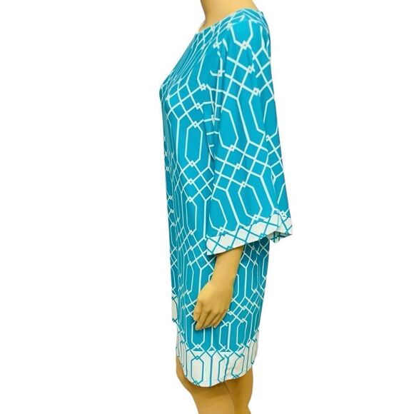 Chico’s Turquoise Geometric Dress Pullover Wrinkle-Free 3/4 Sleeve Sz 1 - Picture 1 of 16